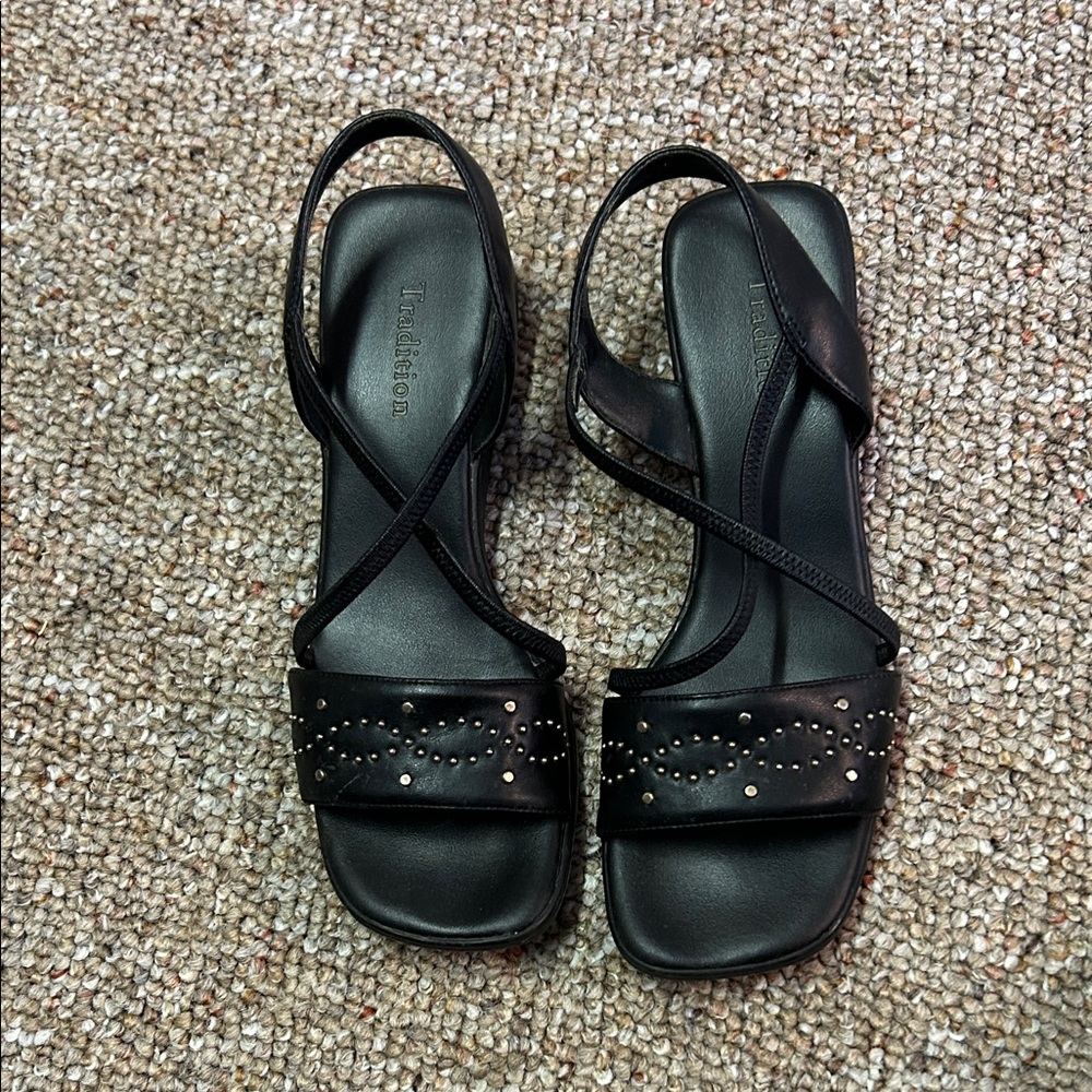 Black Stud-Embellished Cross-Strap Slingback Sandals